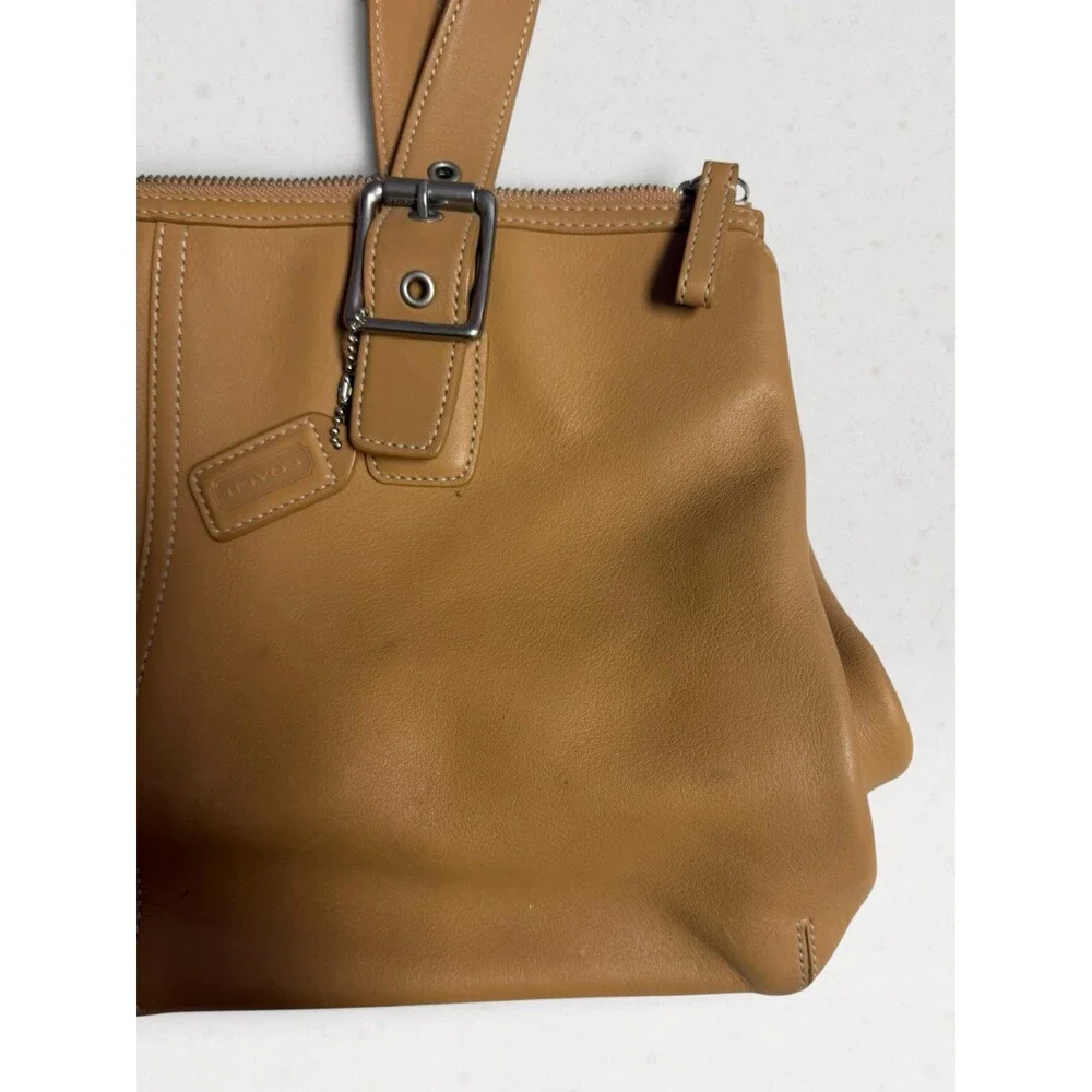 Vintage COACH Hamptons Leather Satchel Bag 9554 Camel Tan Y2K Double Buckle Tote